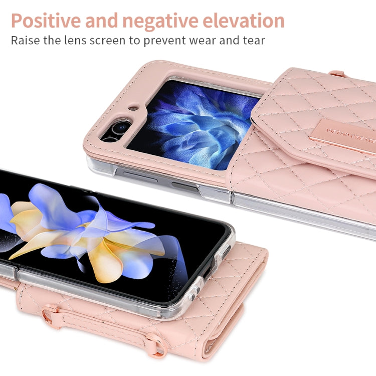 For Samsung Galaxy Z Flip6 / Flip7 FE VIETAO Rhombic Texture Wallet PU Phone Case with Long Lanyard(Pink)