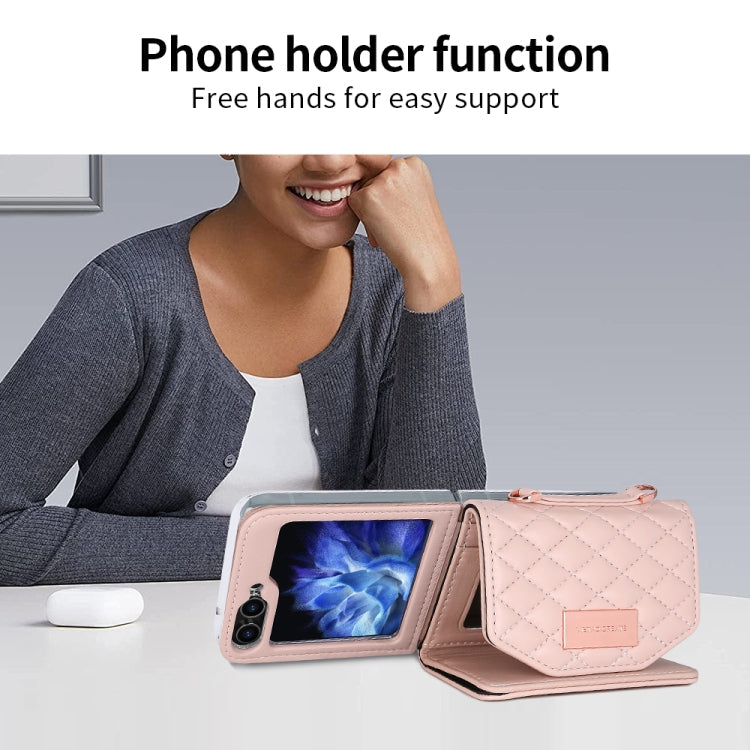 For Samsung Galaxy Z Flip6 / Flip7 FE VIETAO Rhombic Texture Wallet PU Phone Case with Long Lanyard(Pink)