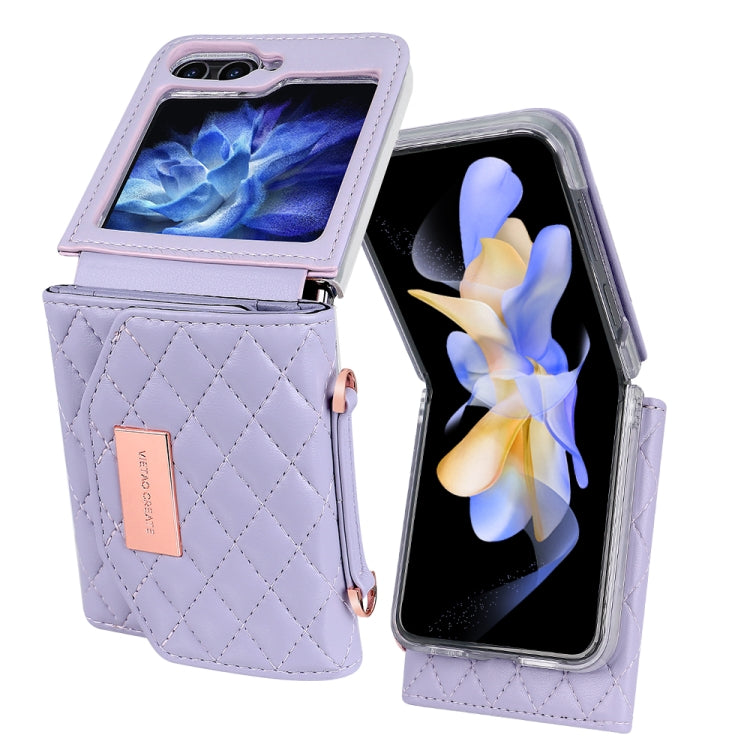 For Samsung Galaxy Z Flip6 / Flip7 FE VIETAO Rhombic Texture Wallet PU Phone Case with Long Lanyard(Purple)