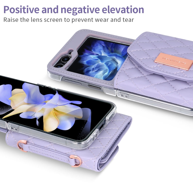 For Samsung Galaxy Z Flip6 / Flip7 FE VIETAO Rhombic Texture Wallet PU Phone Case with Long Lanyard(Purple)