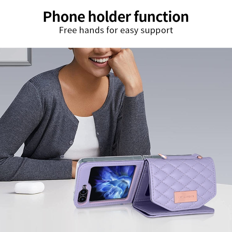 For Samsung Galaxy Z Flip6 / Flip7 FE VIETAO Rhombic Texture Wallet PU Phone Case with Long Lanyard(Purple)
