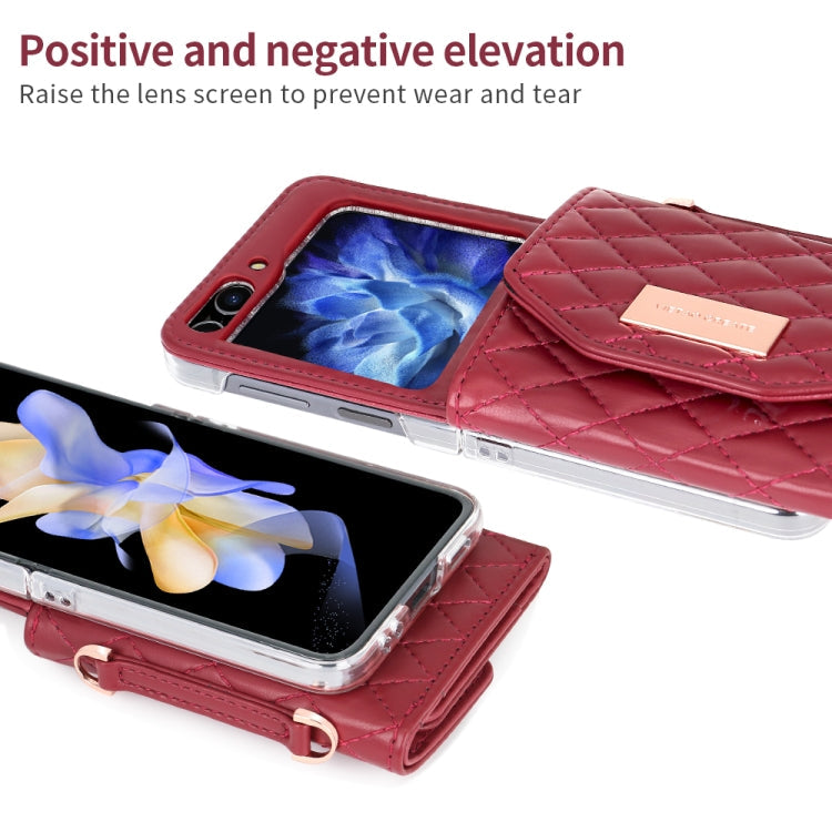 For Samsung Galaxy Z Flip5 VIETAO Rhombic Texture Wallet PU Phone Case with Long Lanyard(Red)