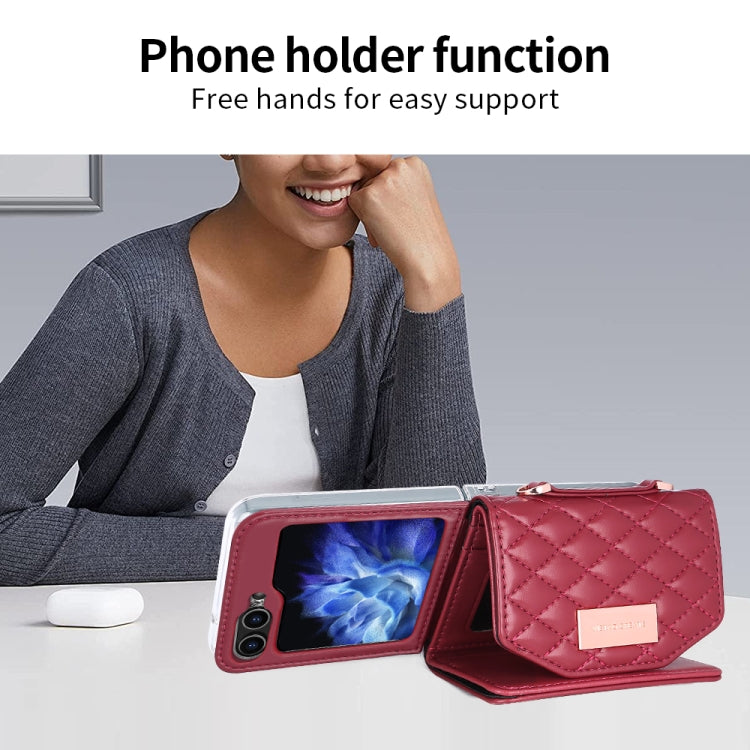 For Samsung Galaxy Z Flip5 VIETAO Rhombic Texture Wallet PU Phone Case with Long Lanyard(Red)