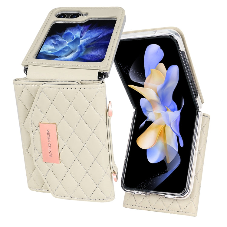 For Samsung Galaxy Z Flip5 VIETAO Rhombic Texture Wallet PU Phone Case with Long Lanyard(Beige)