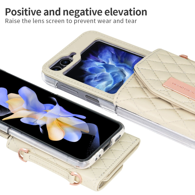 For Samsung Galaxy Z Flip5 VIETAO Rhombic Texture Wallet PU Phone Case with Long Lanyard(Beige)