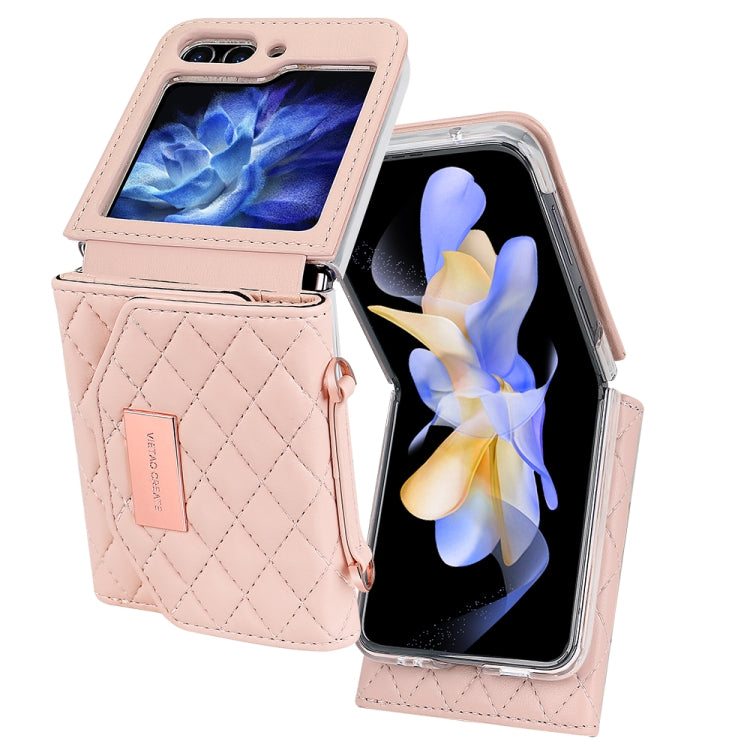 For Samsung Galaxy Z Flip5 VIETAO Rhombic Texture Wallet PU Phone Case with Long Lanyard(Pink)