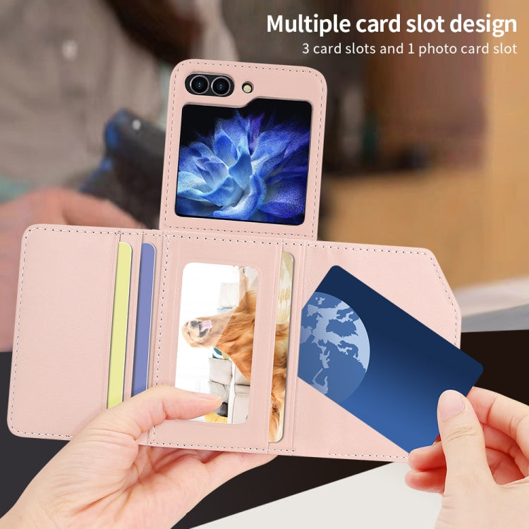 For Samsung Galaxy Z Flip5 VIETAO Rhombic Texture Wallet PU Phone Case with Long Lanyard(Pink)