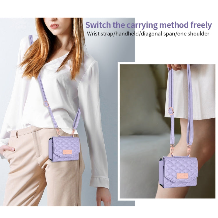 For Samsung Galaxy Z Flip5 VIETAO Rhombic Texture Wallet PU Phone Case with Long Lanyard(Purple)