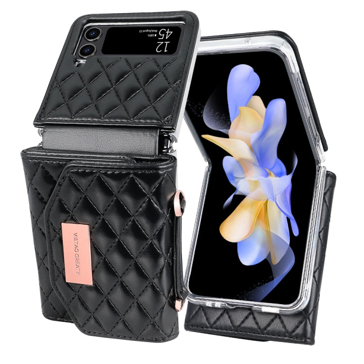 For Samsung Galaxy Z Flip4 VIETAO Rhombic Texture Wallet PU Phone Case with Long Lanyard(Black)