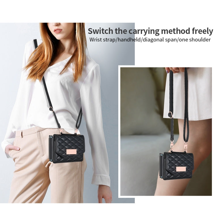 For Samsung Galaxy Z Flip4 VIETAO Rhombic Texture Wallet PU Phone Case with Long Lanyard(Black)