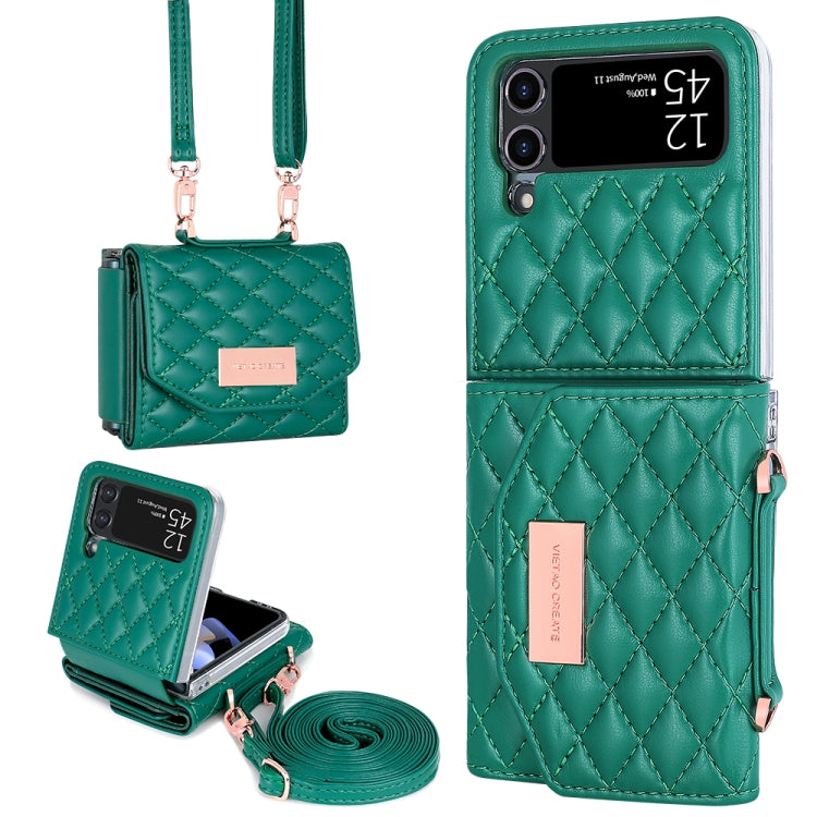 For Samsung Galaxy Z Flip4 VIETAO Rhombic Texture Wallet PU Phone Case with Long Lanyard(Green)
