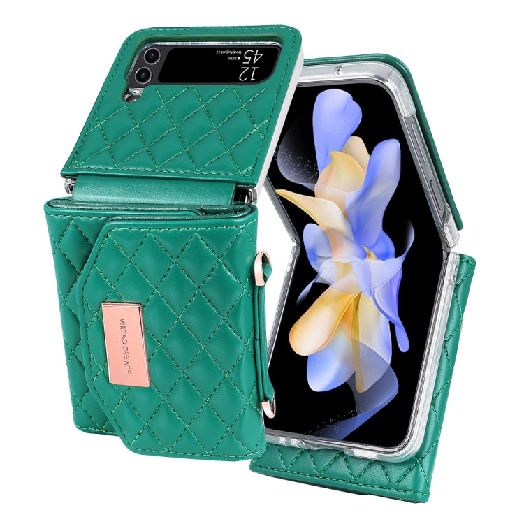 For Samsung Galaxy Z Flip4 VIETAO Rhombic Texture Wallet PU Phone Case with Long Lanyard(Green)