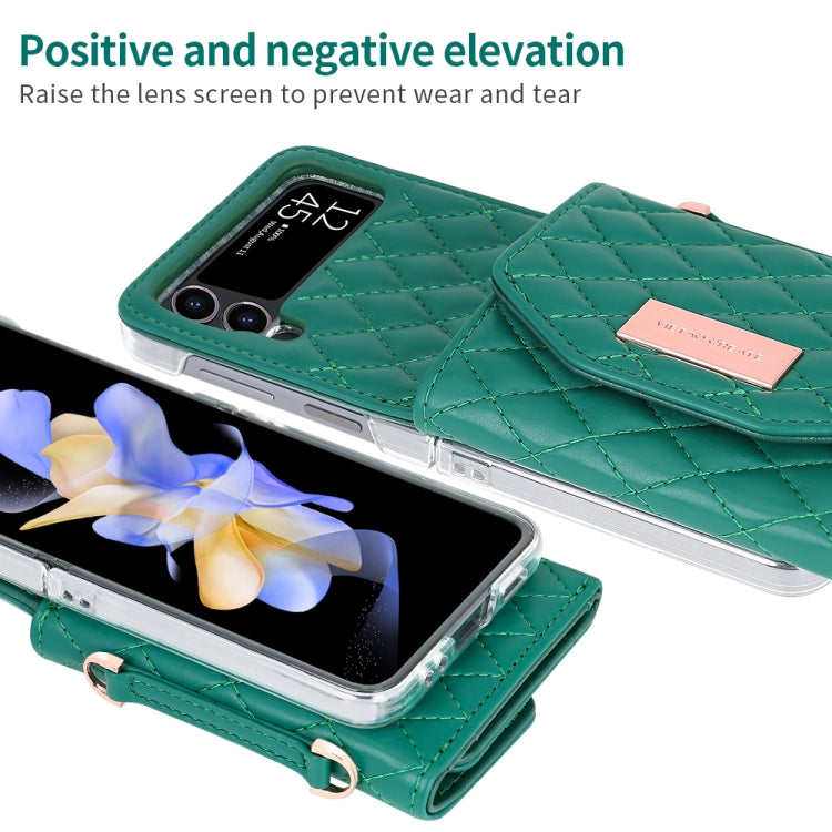 For Samsung Galaxy Z Flip4 VIETAO Rhombic Texture Wallet PU Phone Case with Long Lanyard(Green)