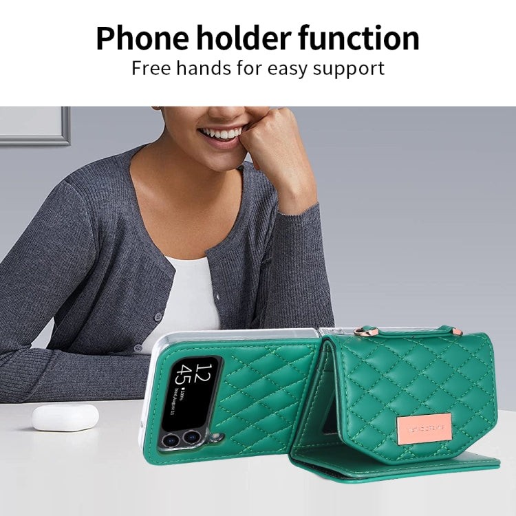 For Samsung Galaxy Z Flip4 VIETAO Rhombic Texture Wallet PU Phone Case with Long Lanyard(Green)