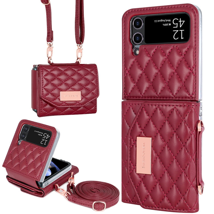 For Samsung Galaxy Z Flip4 VIETAO Rhombic Texture Wallet PU Phone Case with Long Lanyard(Red)