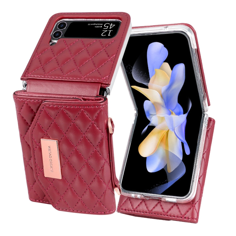 For Samsung Galaxy Z Flip4 VIETAO Rhombic Texture Wallet PU Phone Case with Long Lanyard(Red)