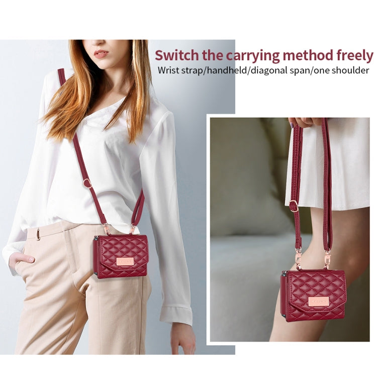 For Samsung Galaxy Z Flip4 VIETAO Rhombic Texture Wallet PU Phone Case with Long Lanyard(Red)