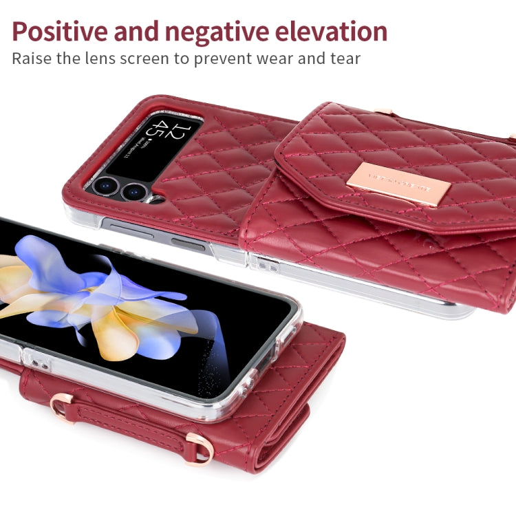 For Samsung Galaxy Z Flip4 VIETAO Rhombic Texture Wallet PU Phone Case with Long Lanyard(Red)