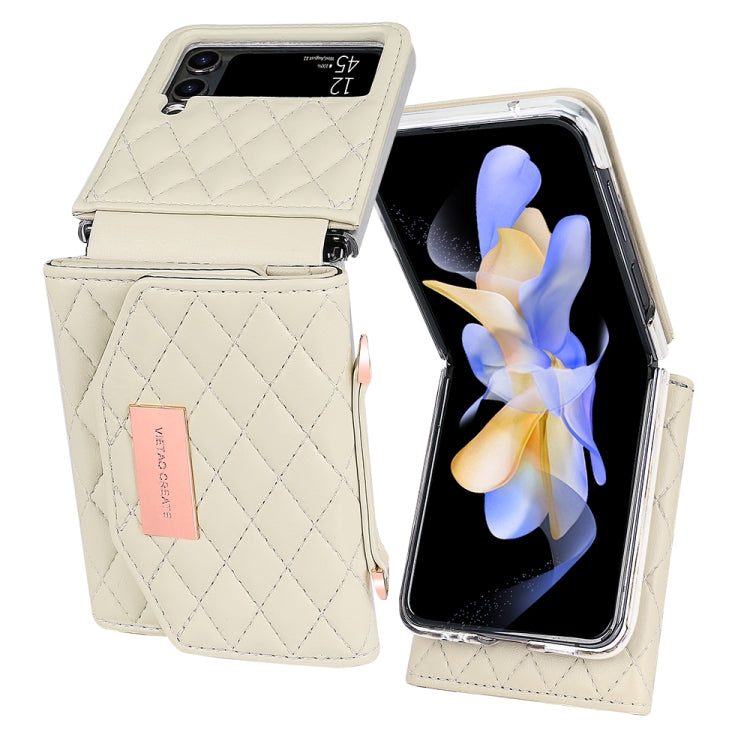 For Samsung Galaxy Z Flip4 VIETAO Rhombic Texture Wallet PU Phone Case with Long Lanyard(Beige)
