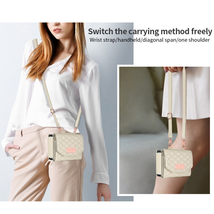 For Samsung Galaxy Z Flip4 VIETAO Rhombic Texture Wallet PU Phone Case with Long Lanyard(Beige)