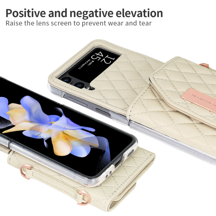 For Samsung Galaxy Z Flip4 VIETAO Rhombic Texture Wallet PU Phone Case with Long Lanyard(Beige)