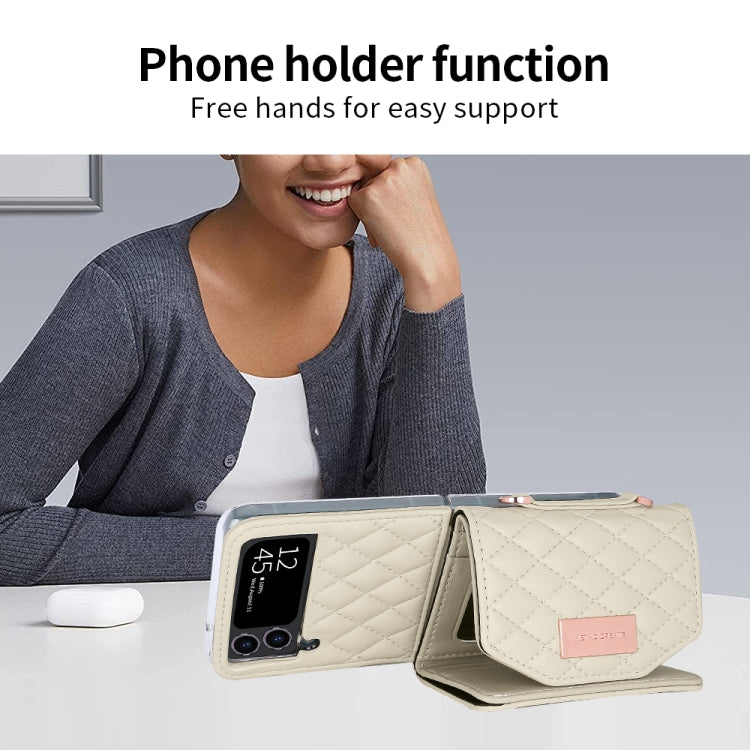 For Samsung Galaxy Z Flip4 VIETAO Rhombic Texture Wallet PU Phone Case with Long Lanyard(Beige)