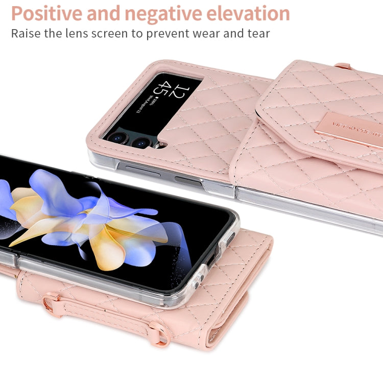 For Samsung Galaxy Z Flip4 VIETAO Rhombic Texture Wallet PU Phone Case with Long Lanyard(Pink)