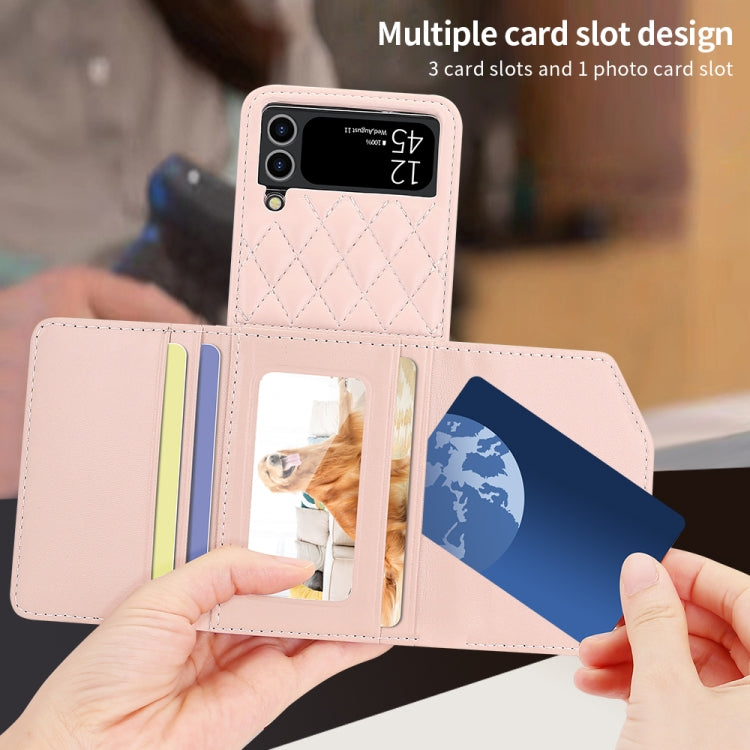 For Samsung Galaxy Z Flip4 VIETAO Rhombic Texture Wallet PU Phone Case with Long Lanyard(Pink)