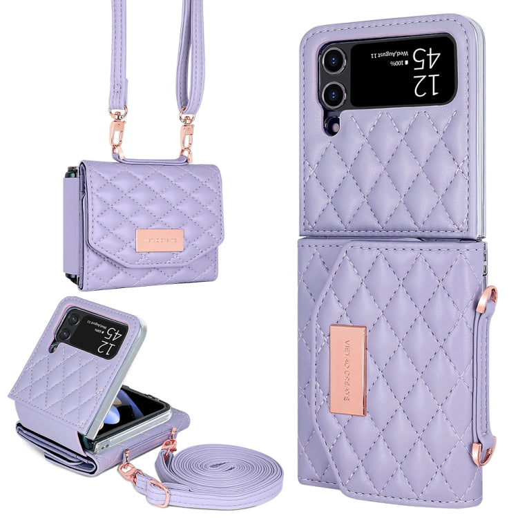 For Samsung Galaxy Z Flip4 VIETAO Rhombic Texture Wallet PU Phone Case with Long Lanyard(Purple)