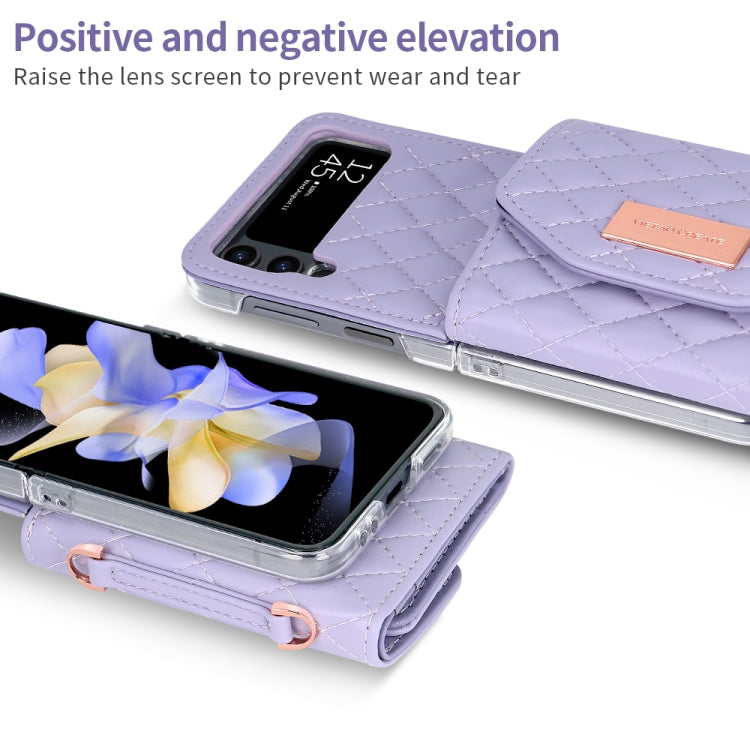 For Samsung Galaxy Z Flip4 VIETAO Rhombic Texture Wallet PU Phone Case with Long Lanyard(Purple)