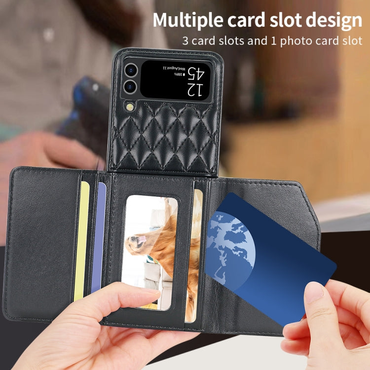 For Samsung Galaxy Z Flip3 5G VIETAO Rhombic Texture Wallet PU Phone Case with Long Lanyard(Black)