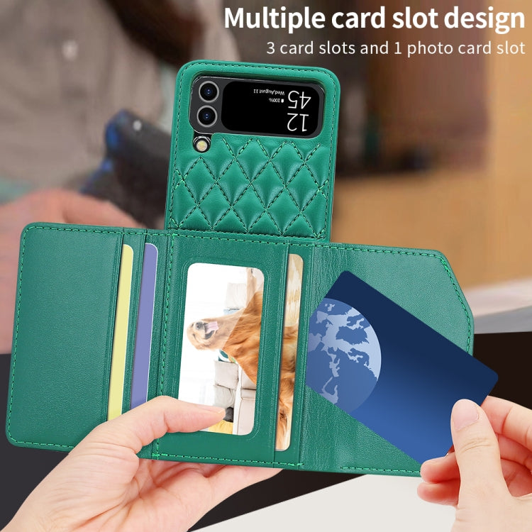 For Samsung Galaxy Z Flip3 5G VIETAO Rhombic Texture Wallet PU Phone Case with Long Lanyard(Green)