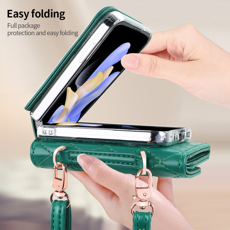 For Samsung Galaxy Z Flip3 5G VIETAO Rhombic Texture Wallet PU Phone Case with Long Lanyard(Green)