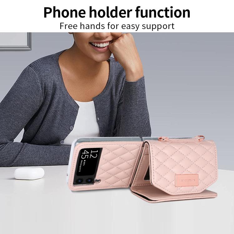 For Samsung Galaxy Z Flip3 5G VIETAO Rhombic Texture Wallet PU Phone Case with Long Lanyard(Pink)