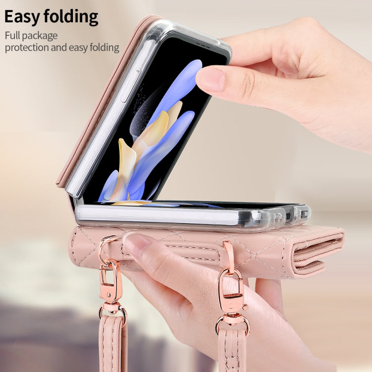 For Samsung Galaxy Z Flip3 5G VIETAO Rhombic Texture Wallet PU Phone Case with Long Lanyard(Pink)