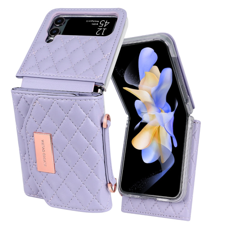 For Samsung Galaxy Z Flip3 5G VIETAO Rhombic Texture Wallet PU Phone Case with Long Lanyard(Purple)