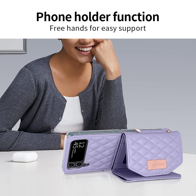 For Samsung Galaxy Z Flip3 5G VIETAO Rhombic Texture Wallet PU Phone Case with Long Lanyard(Purple)