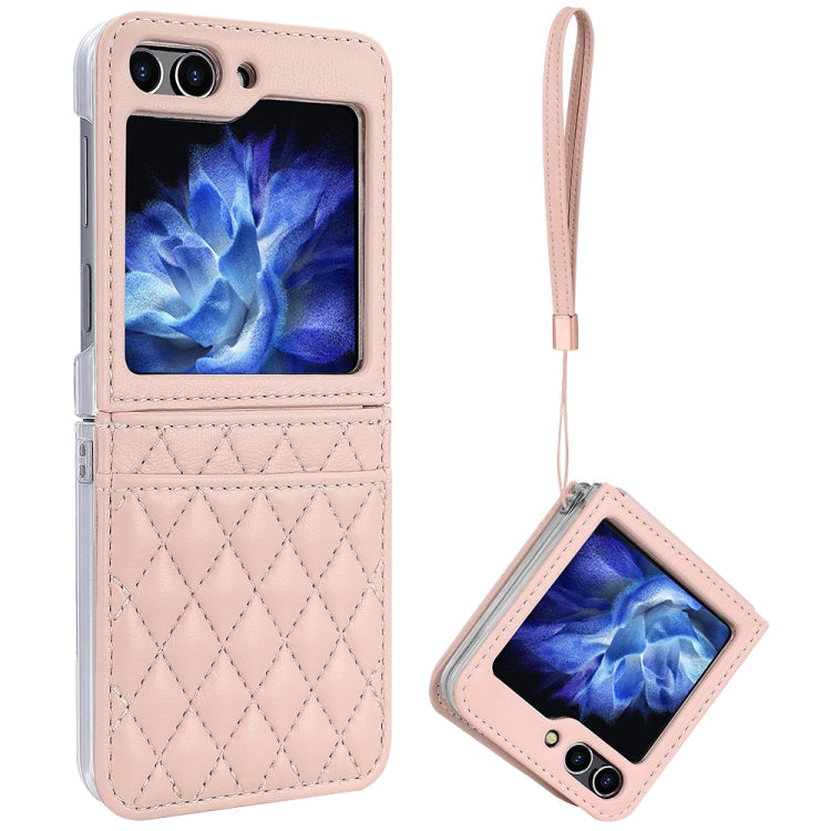 For Samsung Galaxy Z Flip6 / Flip7 FE VIETAO Rhombic Texture PU Card Slot Phone Case with Lanyard(Pink)