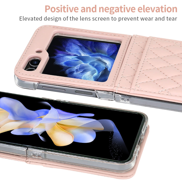 For Samsung Galaxy Z Flip6 / Flip7 FE VIETAO Rhombic Texture PU Card Slot Phone Case with Lanyard(Pink)