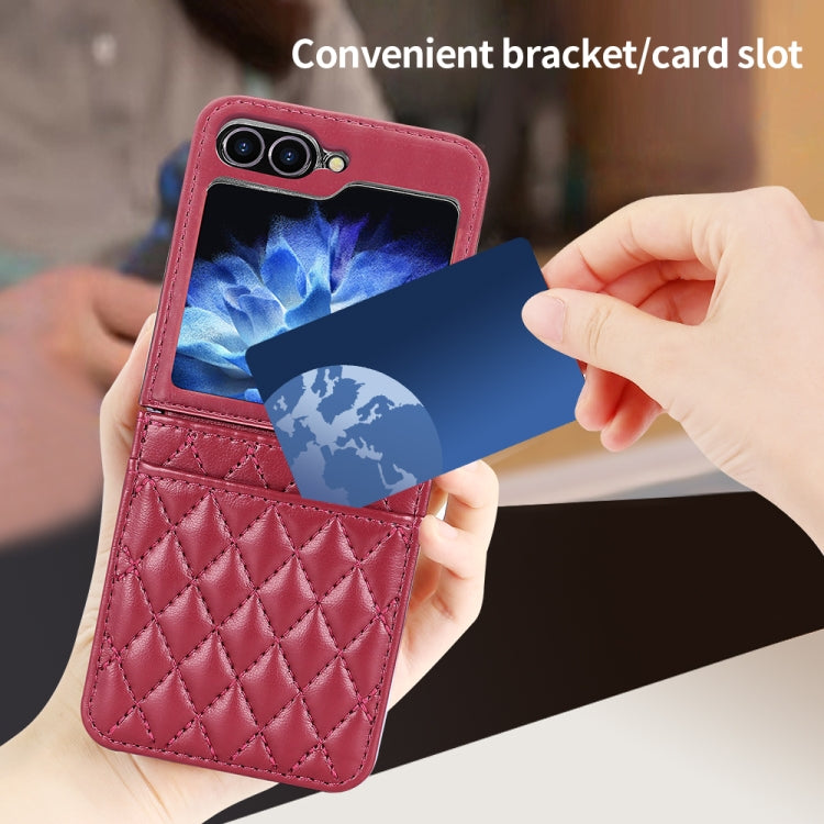 For Samsung Galaxy Z Flip6 / Flip7 FE VIETAO Rhombic Texture PU Card Slot Phone Case with Lanyard(Red)