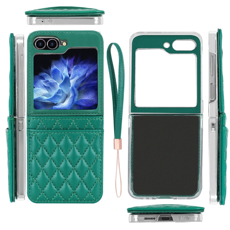 For Samsung Galaxy Z Flip6 / Flip7 FE VIETAO Rhombic Texture PU Card Slot Phone Case with Lanyard(Green)