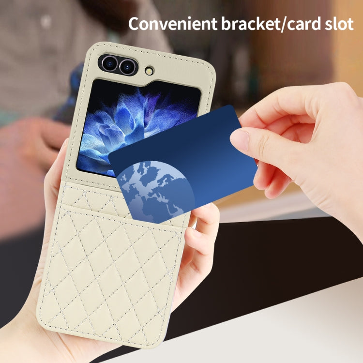 For Samsung Galaxy Z Flip6 / Flip7 FE VIETAO Rhombic Texture PU Card Slot Phone Case with Lanyard(Beige)