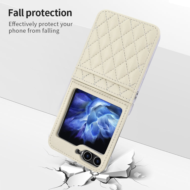 For Samsung Galaxy Z Flip6 / Flip7 FE VIETAO Rhombic Texture PU Card Slot Phone Case with Lanyard(Beige)
