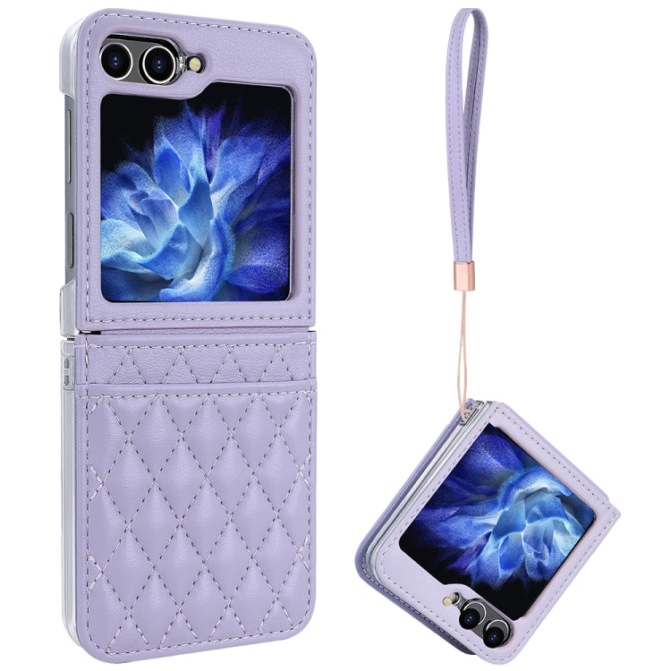 For Samsung Galaxy Z Flip6 / Flip7 FE VIETAO Rhombic Texture PU Card Slot Phone Case with Lanyard(Purple)