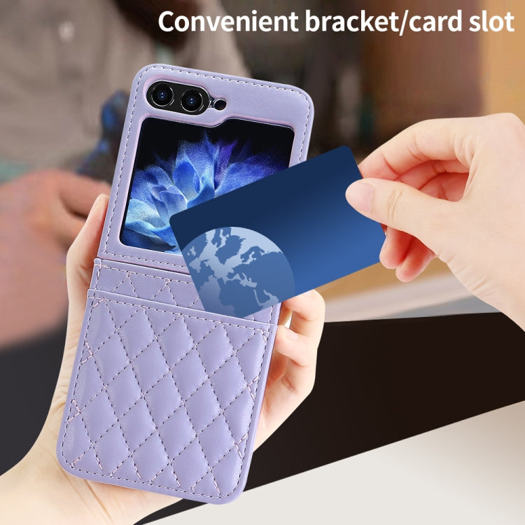 For Samsung Galaxy Z Flip6 / Flip7 FE VIETAO Rhombic Texture PU Card Slot Phone Case with Lanyard(Purple)
