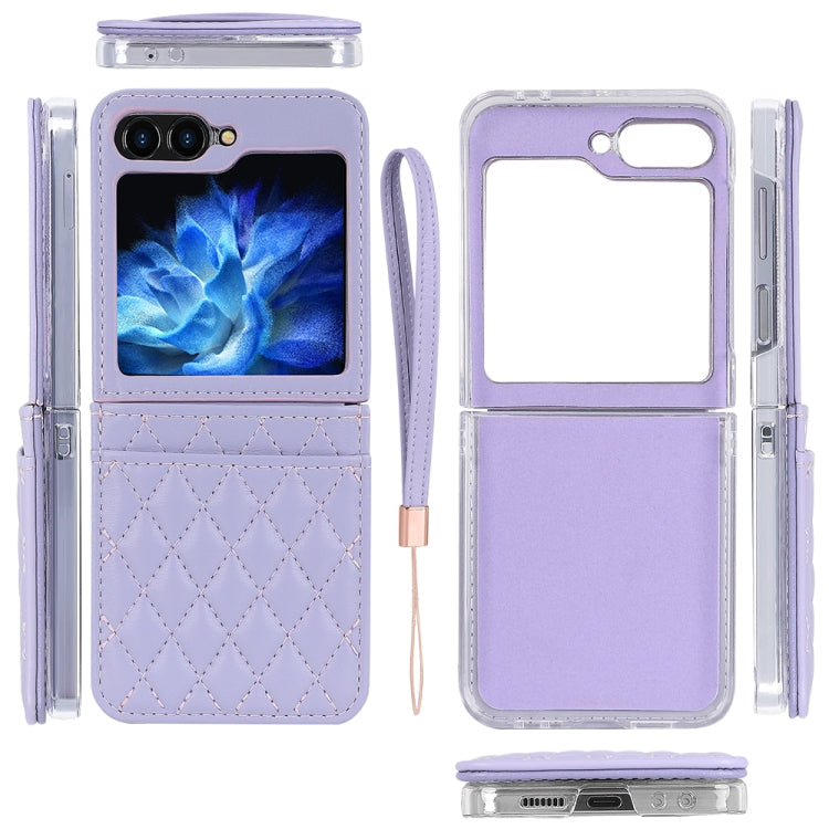For Samsung Galaxy Z Flip6 / Flip7 FE VIETAO Rhombic Texture PU Card Slot Phone Case with Lanyard(Purple)