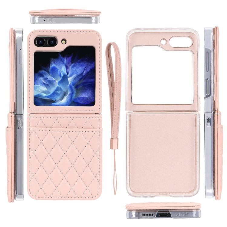 For Samsung Galaxy Z Flip5 VIETAO Rhombic Texture PU Card Slot Phone Case with Lanyard(Pink)