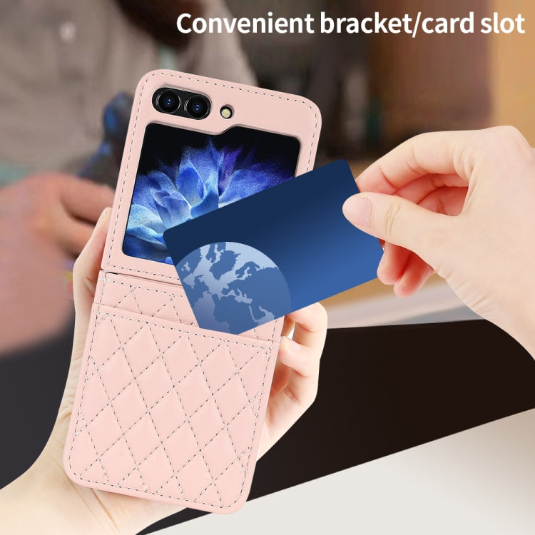 For Samsung Galaxy Z Flip5 VIETAO Rhombic Texture PU Card Slot Phone Case with Lanyard(Pink)