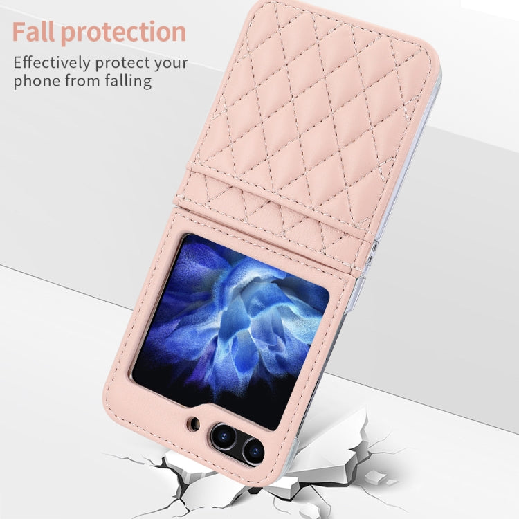 For Samsung Galaxy Z Flip5 VIETAO Rhombic Texture PU Card Slot Phone Case with Lanyard(Pink)