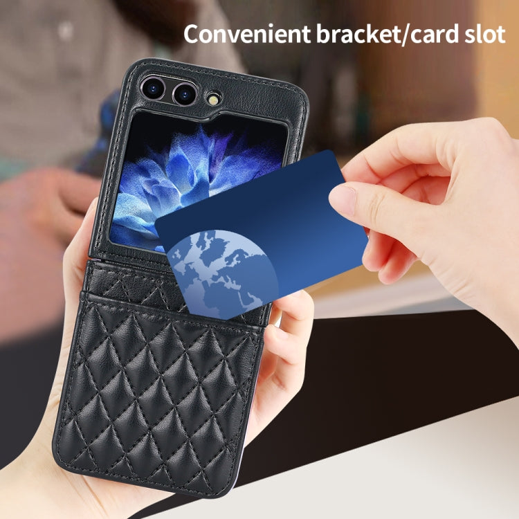 For Samsung Galaxy Z Flip5 VIETAO Rhombic Texture PU Card Slot Phone Case with Lanyard(Black)